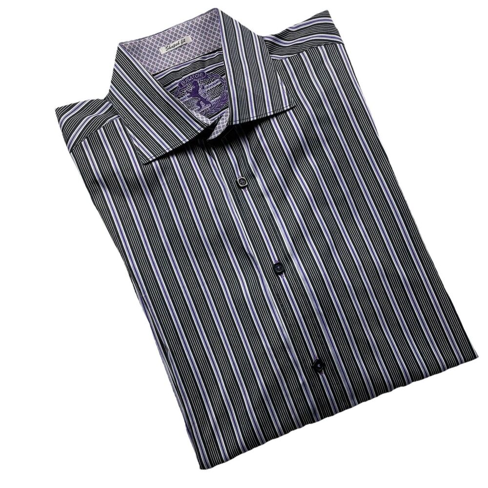 Bugatchi Uomo Mens Striped Long Sleeve Button Up Black Purple Shirt-L